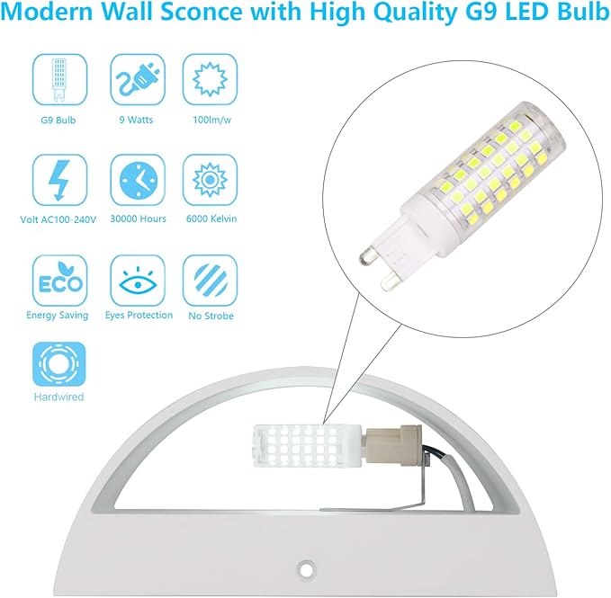 Aipsun Indoor Aluminum Modern LED Wall Sconce Hardwired Interior Wall Lights Set of 2 Up and Down Wall Mount Light for Living Room Bedroom Hallway Corridor Cool White 6000K(with G9 Bulbs)