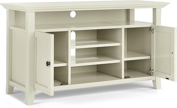 SIMPLIHOME Amherst 54-inch Wide Solid Wood TV Stand in Antique White, Transitional-Style Media Console for Living Room with Adjustable Shelves and Cable Management