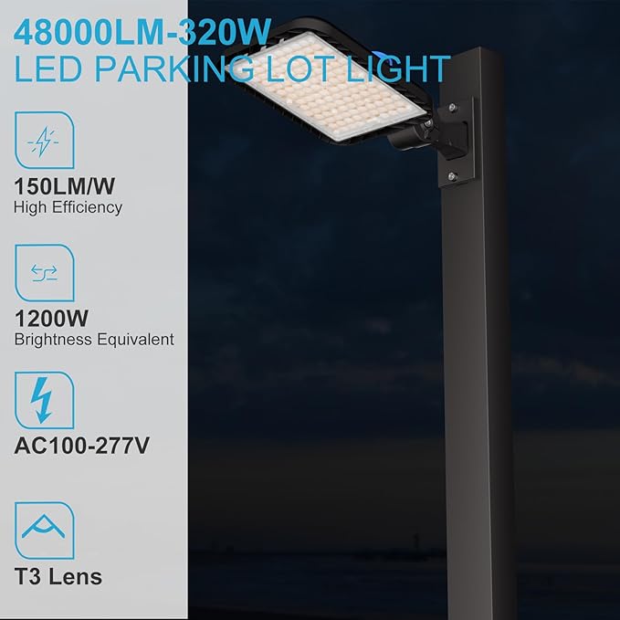5Pack 320W(350x1W LED) LED Parking Lot Lights Outdoor(48000LM Eqv 1400W HPS) 5000K Parking Lot Lights Commercial ETL Listed Led Pole Light Arm Mount with Smart Photocell for Yard,Driveway,Roadway