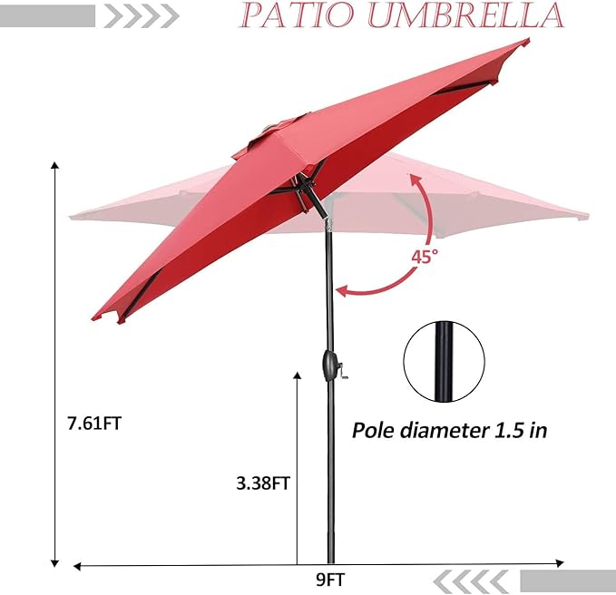 HYD-Parts 9FT Patio Umbrella Outdoor Table Umbrella,Market Umbrella with Push Button Tilt and Crank for Garden, Lawn, Deck, Backyard & Pool, with a Base (Red)