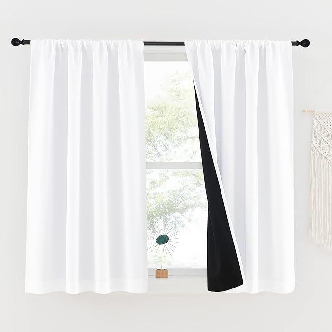 NICETOWN White 100% Blackout Kitchen Curtains, 2 Thick Layers Completely Blackout Rod Pocket Thermal Insulated Drapes for Bedroom (1 Pair, 42 inches Width x 54 inches Length Each Panel)