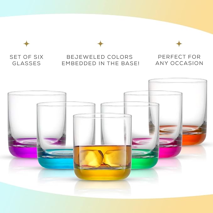 JoyJolt Hue Colorful Whiskey Set of 6, 10oz Drink Glasses, Double Old Fashioned Glass, Modern Whiskey Glass Set for Bar, Low Ball Cocktail Tumbler Glasses
