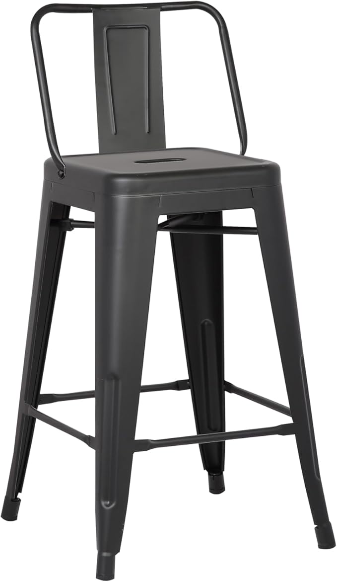 AC Pacific Modern 24” Metal Barstool Set of 2 – Country Rustic Style with Low Back, Lightweight & Sturdy Build, Easy Assembly, Matte Black
