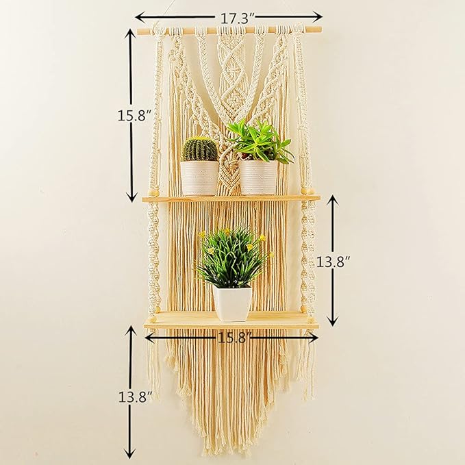 Mong Macrame Wall Hanging Shelf - Boho Hanging Shelves for Wall - Decorative Bohemian Floating Plants Room Storage Shelving Macrame Rope Decor Organizer Rack, 2 Tier Handmade Plant Shelves