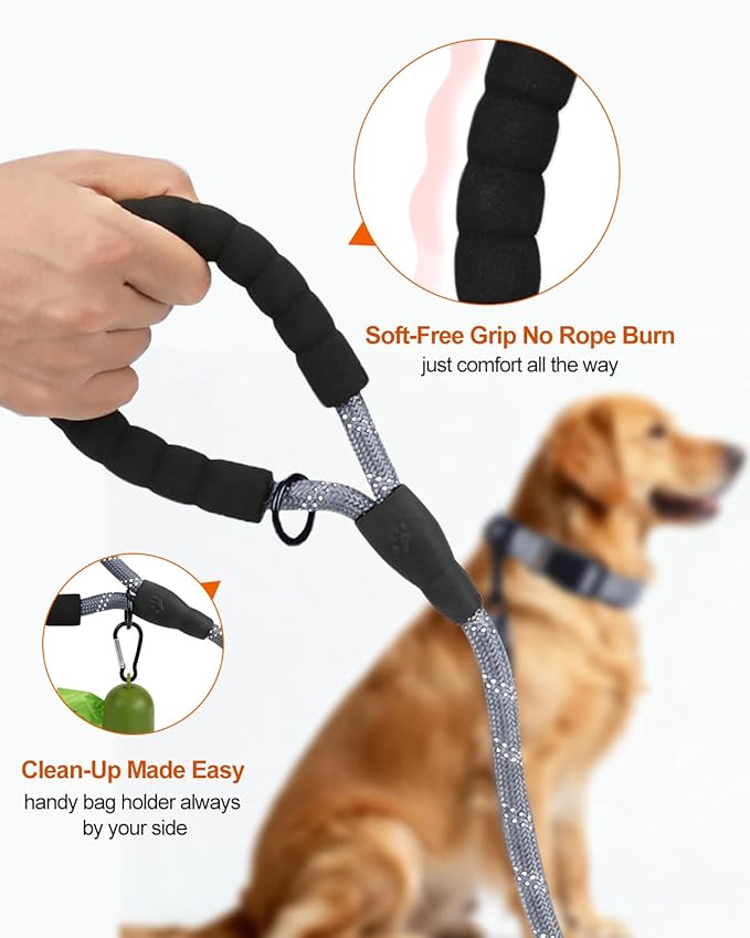 Joytale Dog Leash for Large Dogs, Heavy Duty Nylon Leashes with Comfortable Padded Handle and Highly Reflective Threads, Ideal for Walking and Training, Gray, 5'횞1/2''