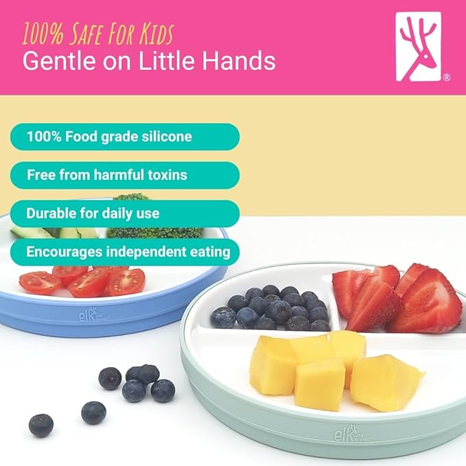 Elk and Friends Kids 7.8” Porcelain White Plates with Silicone Sleeves | Divided Plates | Suitable for Kids/Toddlers | Microwave & Dishwasher Safe | Non Slip | Snack Dishes…