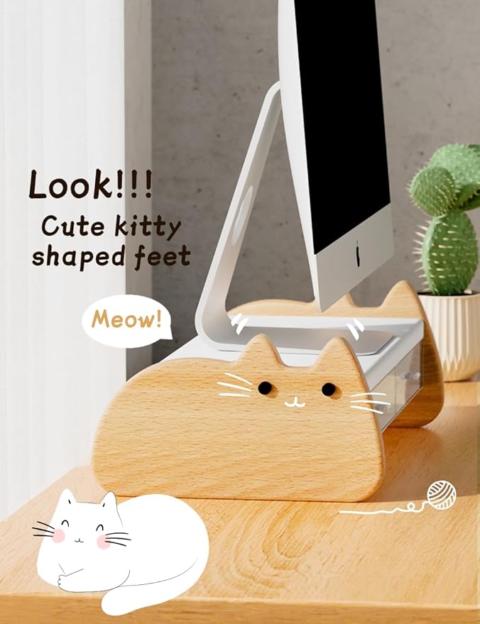 Monitor Stand Riser,Wooden & MDF Computer Desktop Stand with Acrylic Drawer,Laptop Stand Riser Holder ,Table Holder Desk Organizer Storage Stand for Laptop,Printer,TV,15.7 inch,Cute Cat