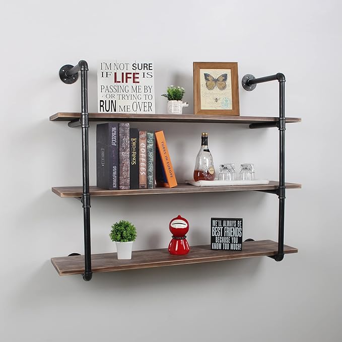 MBQQ Industrial Pipe Shelving Wall Mounted,48in Rustic Metal Floating Shelves,Steampunk Real Wood Book Shelves,Wall Shelf Unit Bookshelf Hanging Wall Shelves,Farmhouse Kitchen Bar Shelving(3 Tier)
