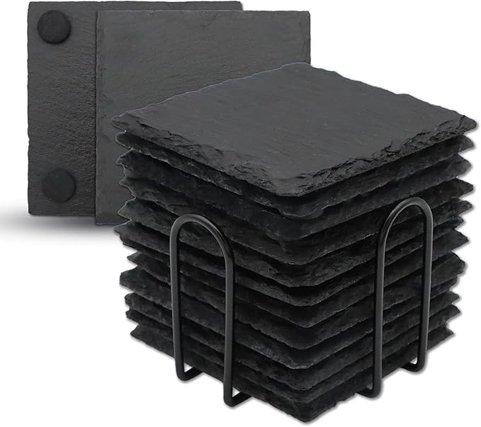 12 Pack Slate Drink Coasters with Metal Holder, VIBRATITE 4 Inch Black Slate Stone Coasters Bulk Laser Engraving Blanks with Anti-Scratch Bottom for Drink Coffee Bar Kitchen Home Decor, Square