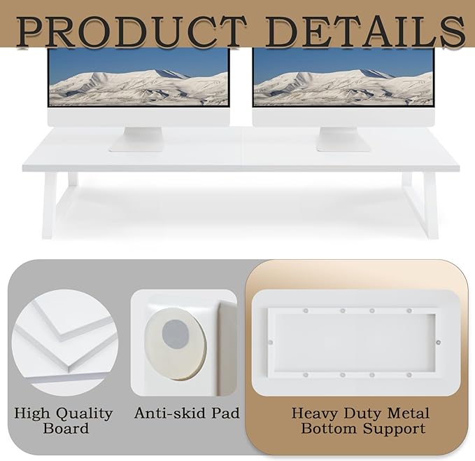TEAMIX White Dual Monitor Riser - 31.5 inch Wide TV Stand for 2 Monitors - Wood & Steel Desktop Riser for Dual Screen Office Desk Organization