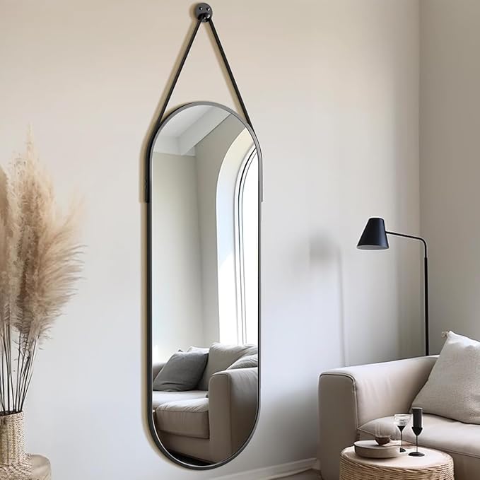 16"x48" Oval Full Length Mirror with Leather Strap Hanging Mirror with Aluminum Frame, Oval Wall-Mounted Mirrors for Living Room Bedroom Entryway Décor, Black