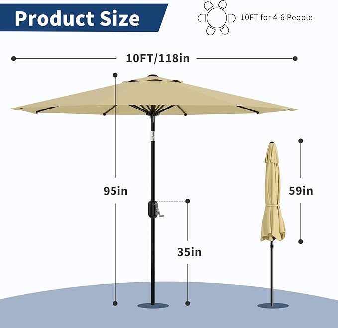 Garvee Patio Umbrella 10 ft, Table Umbrella Outdoor Patio UV Protection with Crank Lift & Push Button Tilt, 8 Sturdy Ribs for Yard, Deck, Pool - Beige