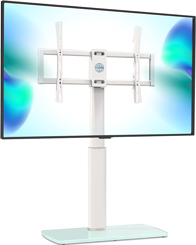 FITUEYES Universal TV Stand, Swivel TV Table Stand for 43 50-65 70 75 80 85Inch Flat Screen, Table Top TV Stand Base Replacement, Height Adjustable TV Mount Stand, Glass Base, Max Holds 110lbs