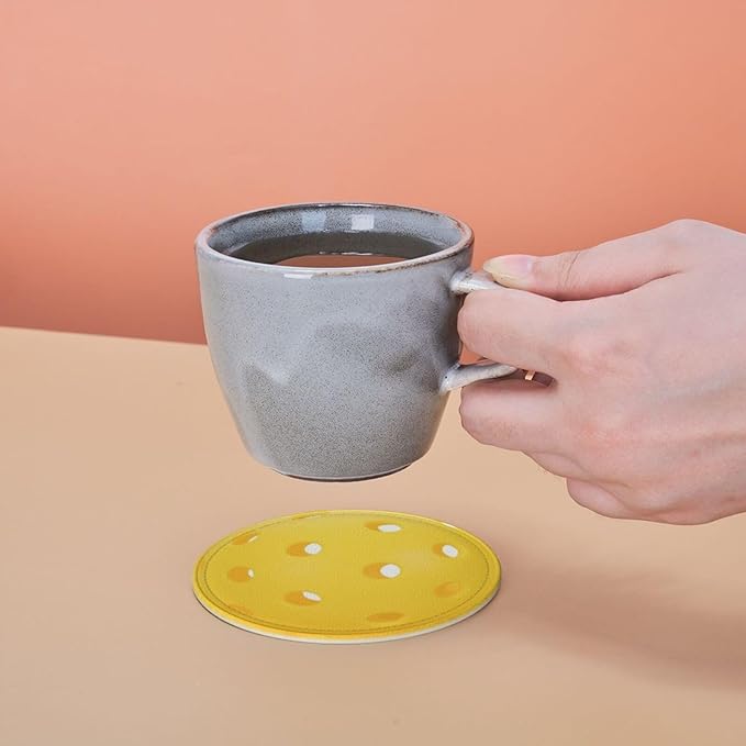 Pickleball Coasters for Drinks with Holder Round Leather Coasters Set of 6 Cups Mugs Mat Pad for Home Kitchen Bar