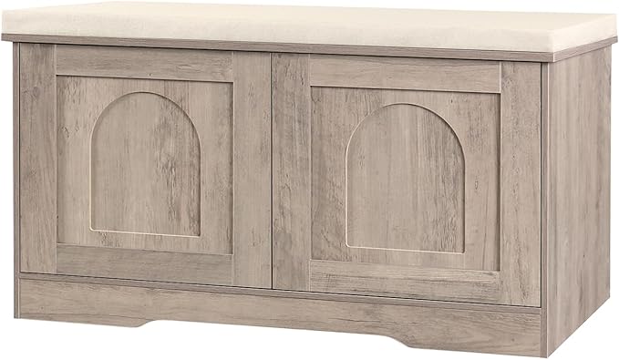 DINZI LVJ Shoe Bench, Entryway Storage Bench with Doors, Cushion, 2-Tier Shoe Rack with 6-Cubby, 31.5”L x 13.8”W Shoe Organizer Cabinet, Adjustable Shelf, Living Room, Bedroom, Greige