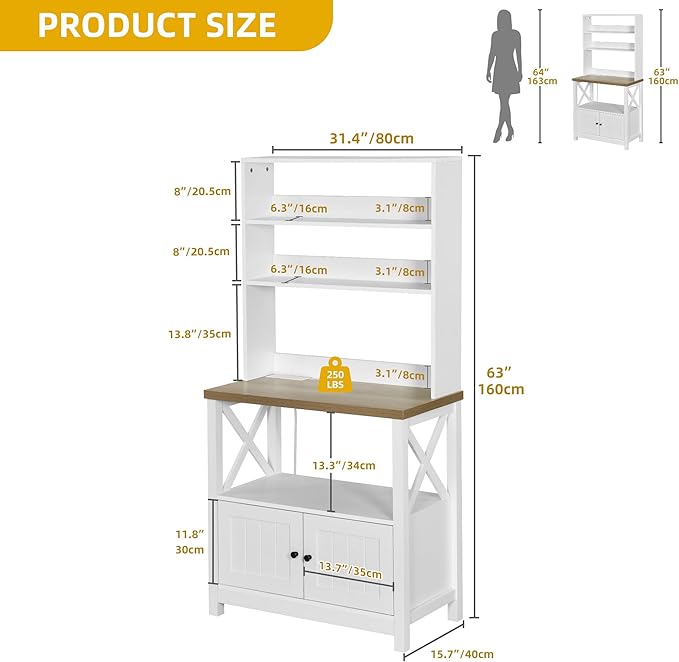 DWVO White Baker Rack with Power Outlet and Storage, Farmhouse Microwave Stand with Door for Kitchen, 5-Tiers Tall Coffee Bar Station Cabinet Thickened Counter with Hutch Shelves