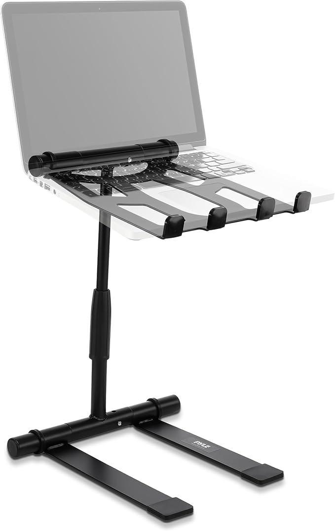 Pyle Portable Folding Laptop Stand - Standing Table with Adjustable Angle, Foldable Height and Four Prong Anti-Slip Tray for iPad, Tablet, DJ Mixer, Workstation, Gaming and Home Use - PLPTS55