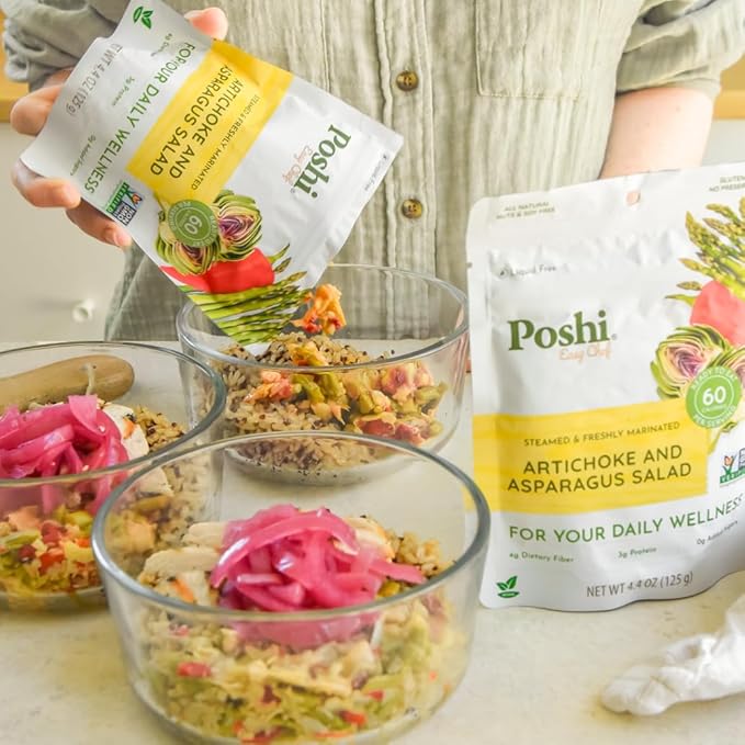 POSHI Artichoke & Asparagus Salad Natural, Keto, Vegan, Non GMO, Low Carb + Calorie, Gluten Free, Ready to Eat, Fully Cooked Vegetables, Pentry Food, Gourmet, Healthy, Travel Food, 6 Pack, 4.4 oz