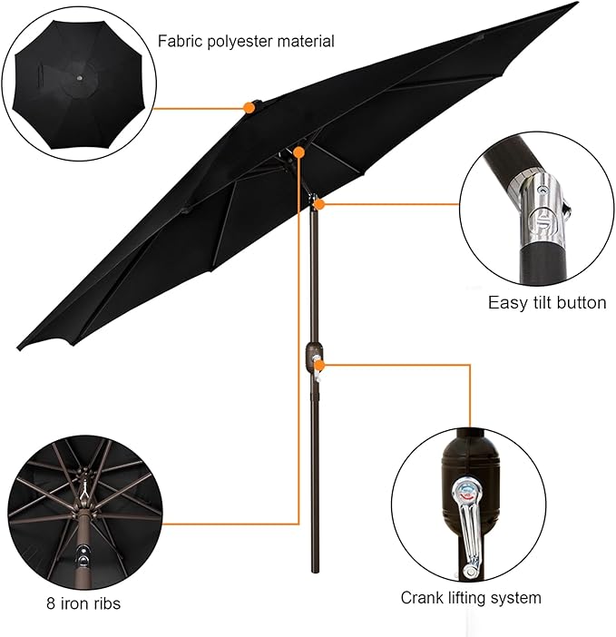 Blissun 9' Outdoor Patio Umbrella, Outdoor Table Umbrella, Yard Umbrella, Market Umbrella with 8 Sturdy Ribs, Push Button Tilt and Crank