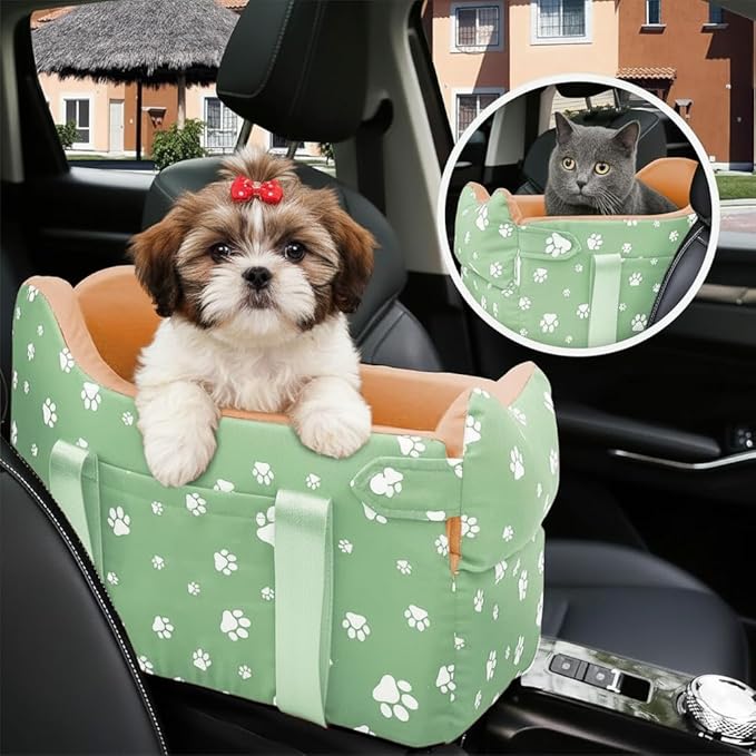 Cullaby Dog Center Console Car Seat for Small Dogs Under 15lbs,Detachable Washable Booster Pet Car Seat Travel Bed with Storage Pockets and Seat Belt(Green)