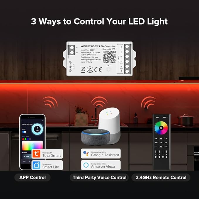 BTF-LIGHTING C04W RGBW PWM SMD FCOB (+ R G B W) 5PIN LED Strip 2.4GHz Tuya WiFi Group Controller Alexa Google Home Smartphone APP Control Compatible with WR01RF RC03RFB RC04RFB RC05RFB Remote