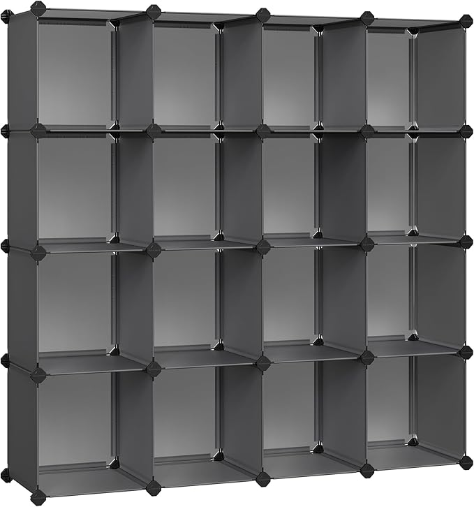 SONGMICS Cube Storage Organizer, Set of 16 Plastic Cubes, Closet Organizers and Storage, Room Organization, Bedroom Living Room, 12.2 x 48.4 x 48.4 Inches, Gray ULPC442G01