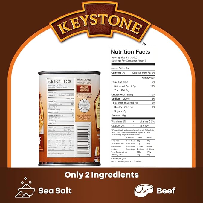 Keystone Meats All Natural Heat and Serve Ground Beef 14 oz – Fully Cooked Canned Meat – Ready to Eat – 5-Year Shelf Life – Pantry Staple for Everyday Meals, Emergency Survival Canned Food – Made in USA – Pack of 3