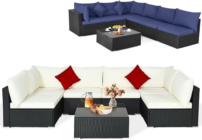 Tangkula 7 Piece Patio Furniture Set, Outdoor Sectional Sofa with 2 Pillows and Cushion Covers, Wicker Sofa Conversation Set with Coffee Table & Tempered Glass Top (Off White & Navy)