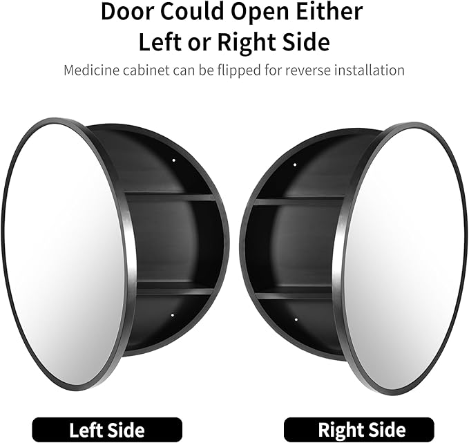Movo 28 Inch x 28 Inch Bathroom Round Black Aluminum Medicine Cabinet with Mirror, Circular Storage Cabinet Surface Mounted