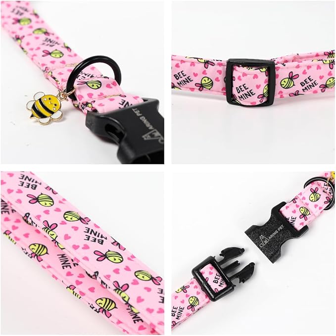 ARING PET Pink Dog Collar, Cute Yellow Bees Pet Collars for Puppy Small Medium Large Boy Girl Dogs-M