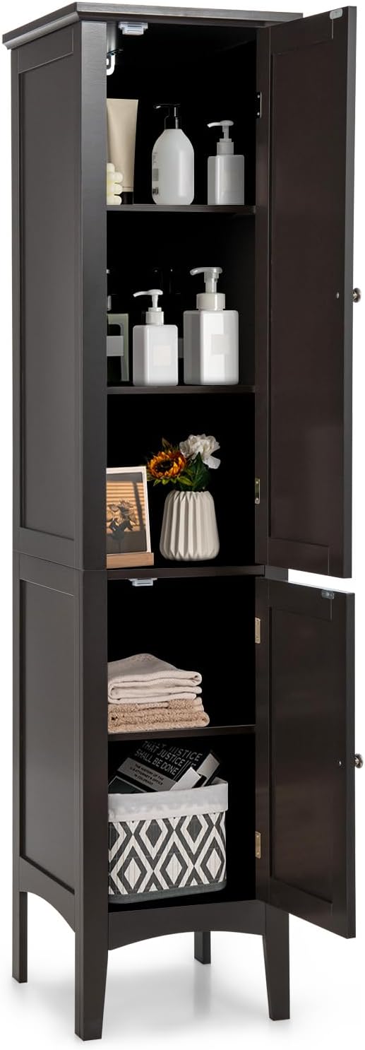 COSTWAY Tall Bathroom Storage Cabinet, 5-Tier Freestanding Linen Tower Cabinet with 2 Doors, Wooden Side Storage Organizer, Narrow Slim Floor Cabinet for Bathroom, Living Room, Kitchen (Brown)