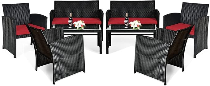Tangkula Patio Wicker Conversation Furniture Set, Patiojoy Sofa & Table Set w/4 Seats, Outdoor Rattan Sofa Set for Balcony Backyard, Wicker Chair Set with Tempered Glass Coffee Table (2, Red)