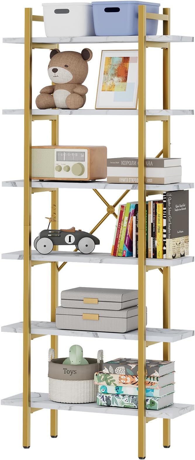6 Tiers Bookshelf Organizer White Faux Marble Shelf,Modern Open Display Storage Bookcase, and Metal Bookshelf Standing Storage Shelf Tall Shelving Units for Home Office Study