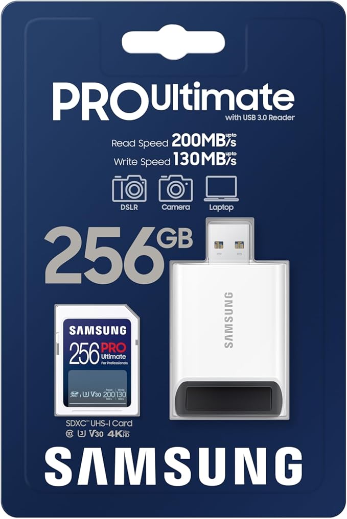 Samsung PRO Ultimate Full Size Memory Card+USBReader, 256GB SDXC, Up to 200 MB/s, 4K UHD, UHS-I, C10, U3, V30, A2 for DSLR, Mirrorless Cameras, PCs, MB-SY256SB/AM