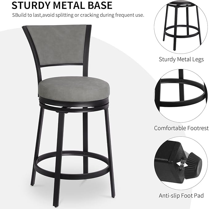 Bar Stools Set of 2, 25 Inch Metal Counter Height Bar Chairs, Modern Faux Leather 360° Round Swivel Barstools with Back, Counter Stools for Kitchen Island, Pub, Grey