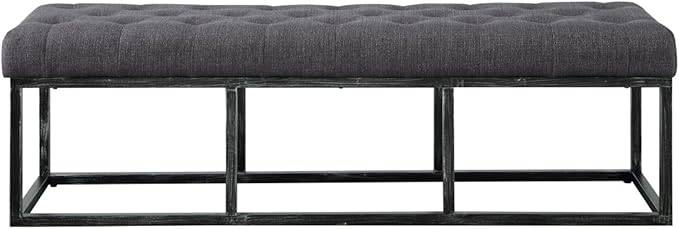 24KF Upholstered Tufted Long Bench with Metal Frame Leg, Linen Bench Ottoman with Padded Seat-Dark Gray