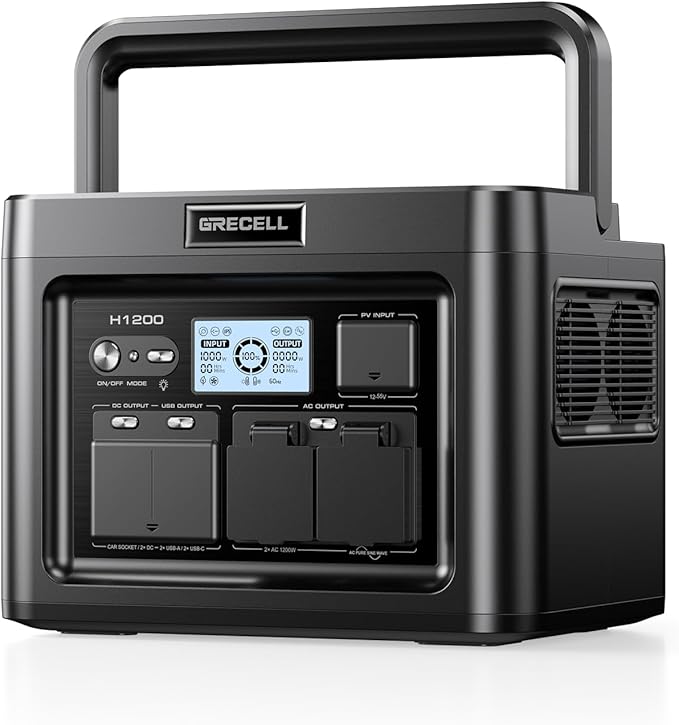 GRECELL H1200 Portable Power Station 1200W, 672Wh LiFePO4 Battery Solar Generator with 10ms UPS, 1200W Solar Power Station, 9 Output Ports for Home Emergency, Outdoor Camping, RV Travel, Laptop TV