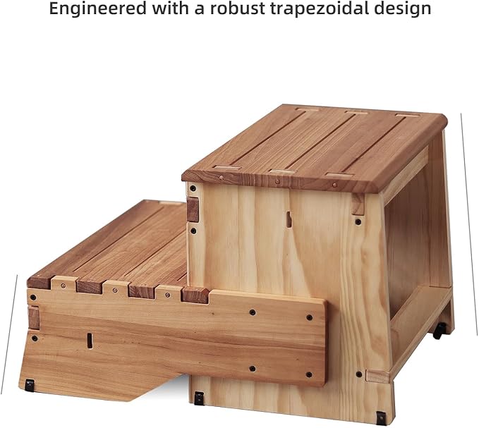 32" Wooden Two Step Stool for Adult & Kid, Wider, Deeper & Safer Bedside Steps, Anti-Slip. Riser 2-Step Spa & Hot Tub Stairs for Pool, Heavy Duty for Kitchen, Bathroom, Closet, High Bed Step