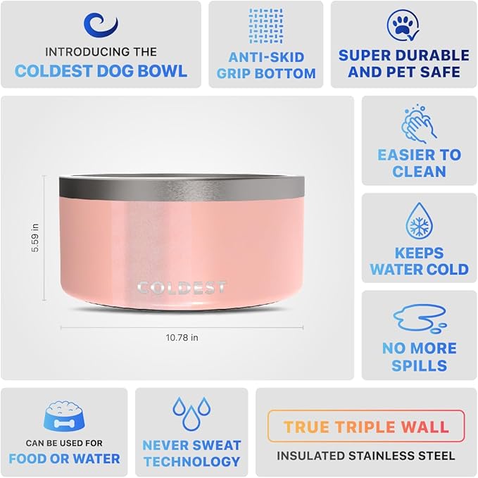 Coldest Dog Bowl - Anti Rust Metal, Non Slip, 3 Layers Insulated Stainless Steel Dog Bowls - Spill Proof & Heavy Duty - Water Bowl for Dogs, Cats, Dish Washer Safe (200 oz, Forever Pink Glitter)