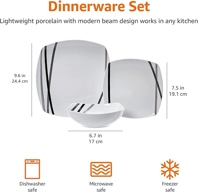 Amazon Basics 18 Piece Kitchen Dinnerware Set - Square Plates, Bowls, Service for 6 - Modern Beams