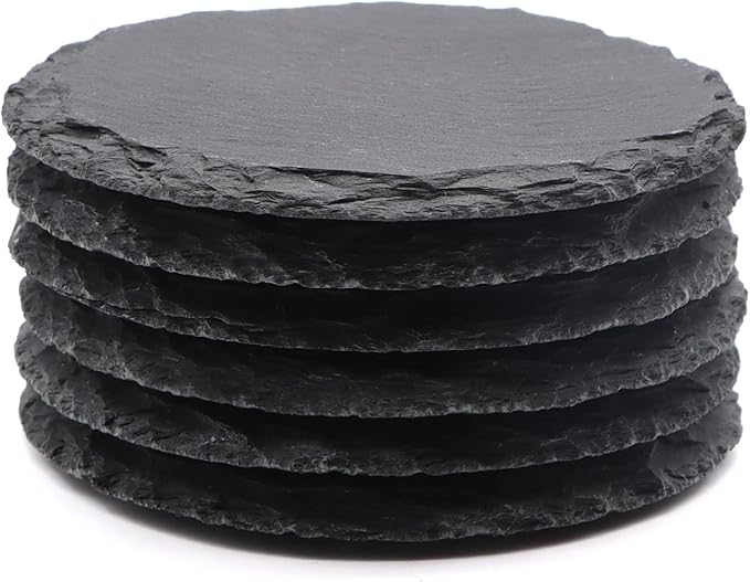 6 Pack Round Slate Drink Coasters, VIBRATITE 4 Inch Black Slate Stone Coasters Bulk Cup Coasters Laser Engraving Blanks with Anti-Scratch Bottom for Drink Coffee Bar Kitchen Home Decor