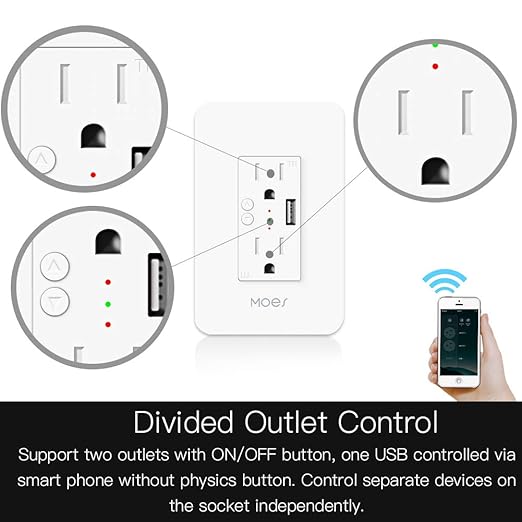 MOES WiFi Smart Wall Outlet,15A Divided Control 2 in Wall Socket with USB Interface,Smart Life/Tuya APP Remote Control Compatible with Alexa and Google Home No Hub Required, ETL Certified, 2.4G WiFi