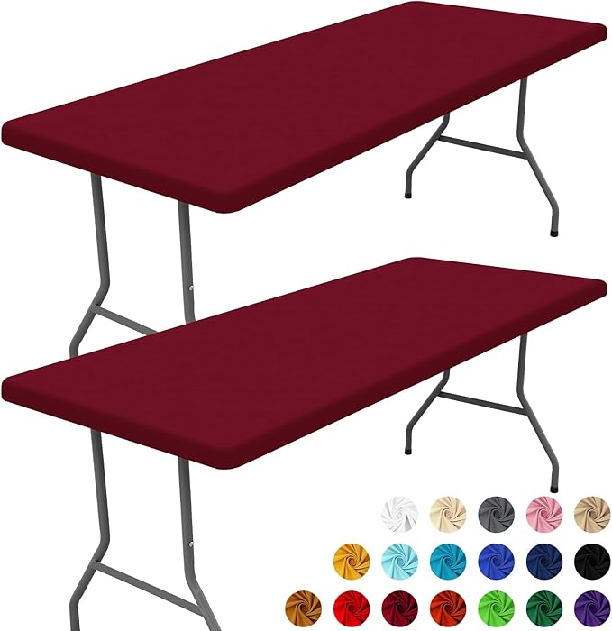 Spandex 6 Foot Rectangle Table Cloth 2 Pack, Elastic Fitted Tablecloths for Picnic, Stretch Washable Patio Table Cover for Outdoor, Camping, Banquet and Parties (Wine Red, 30"x72")