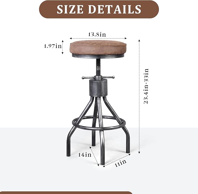 Industrial Bar Stools Swivel Pu Seat Vintage Kitchen Island Counter Stool 23-33inch Height Adjustable Rustic Shop Chair (Set of 2)