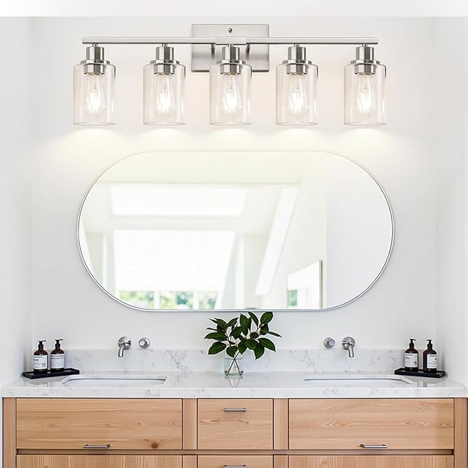 5-Light Bathroom Light Fixtures, Brushed Nickel Bathroom Vanity Light with Clear Glass Shades, Modern Bathroom Wall Lamp for Mirror Living Room Cabinet Bedroom Porch