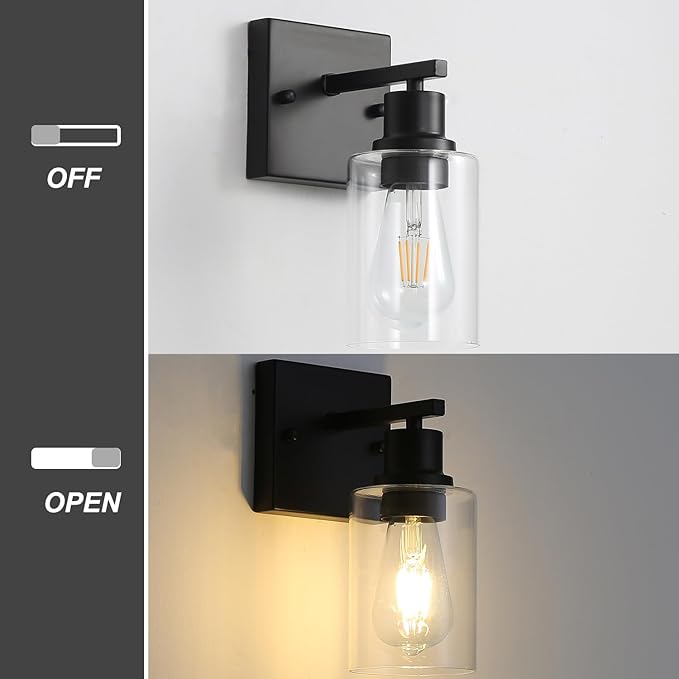 Hallway Wall Sconces Set of 2,Farmhouse Modern Wall Lights Bathroom Matte Black Vanity Lights fixtures with Glass Shade, Hallway Wall Lights for Bedroom,Living Room