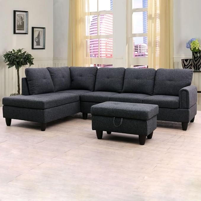 Black Grey L-Shaped 3-Piece Linen Sofa with Storage Ottoman Set, Sectional Couch Sofa Set for Living Room, Office, Small Space