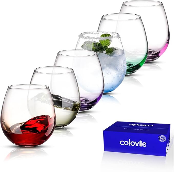 ColoVie 15oz Stemless Wine Glasses Set of 6, Lead-Free Crystal Colored Gradient Wine Glass, Iridescent Ombre Glassware for Red & White Wine, Unique Housewarming & Birthday Gifts for Women