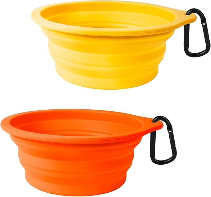 PetBonus 2-Pack Large Silicone Collapsible Dog Bowls, 34oz/1000ml BPA Free Portable Foldable Travel Bowl for Pet Cat, Food Water Feeding Dish for Camping with 2 Carabiners (Orange, Yellow)