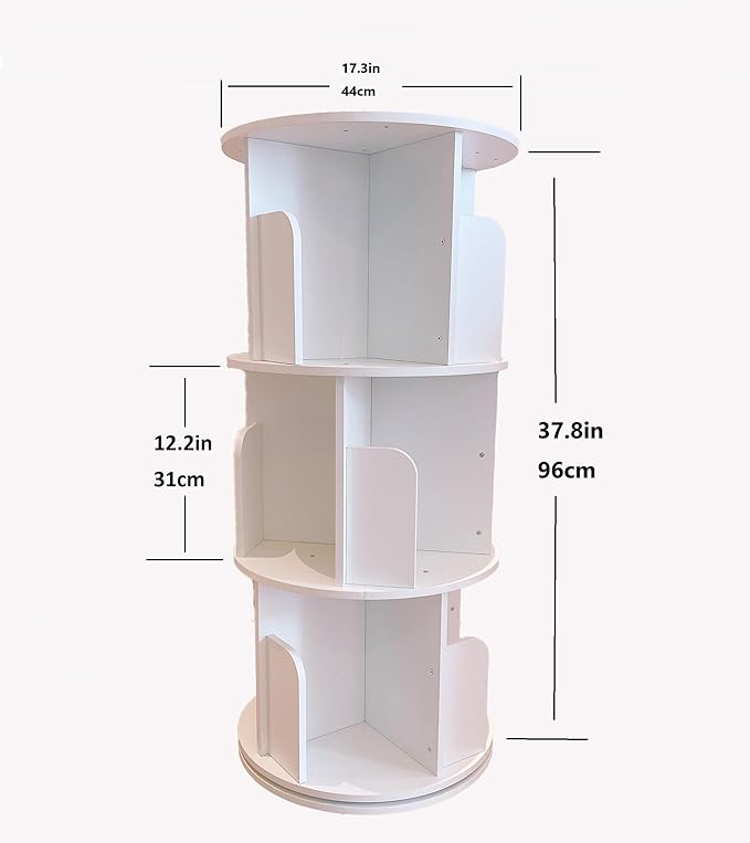 Heehee Wooden Rotating Bookshelf 360 Display Floor Standing Bookcase Storage Rack for Kids&Adults Multi-Functional Bookshelf Organizer (White (3-Tier))